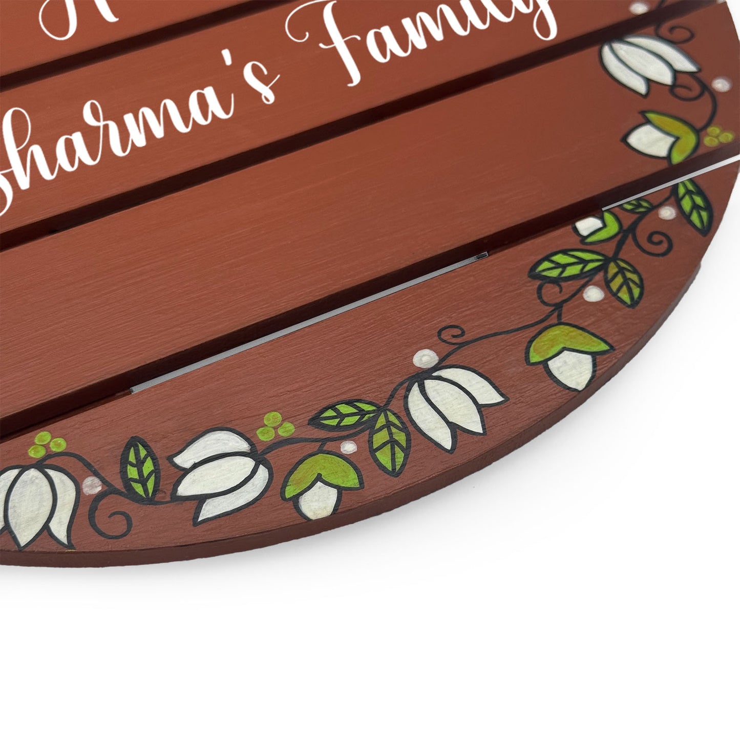 Lotus Bud Artwork Hand-Painted Wooden Madhubani Round Name Plate For Home