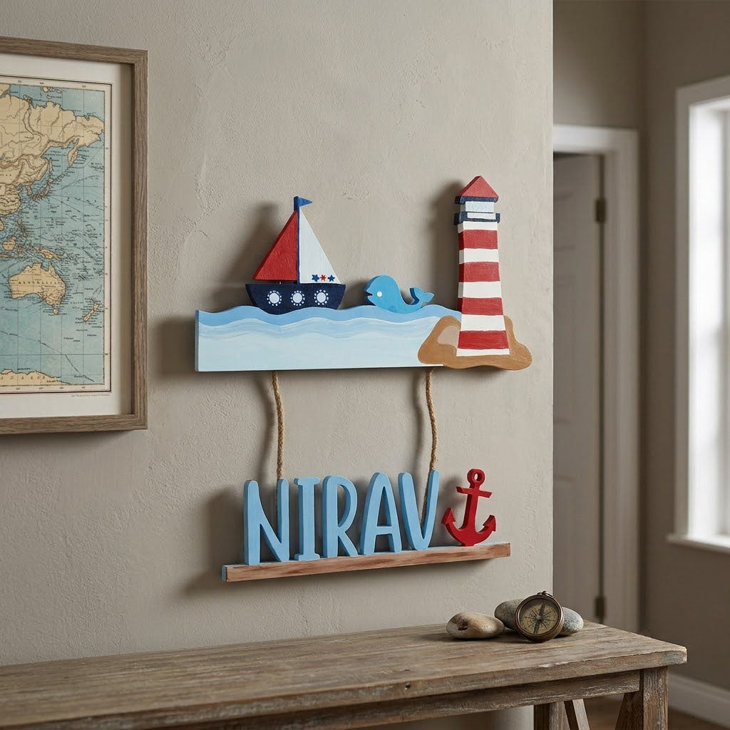 Ocean Themed Hand-Painted Wooden Kids Name Plate - Design 2