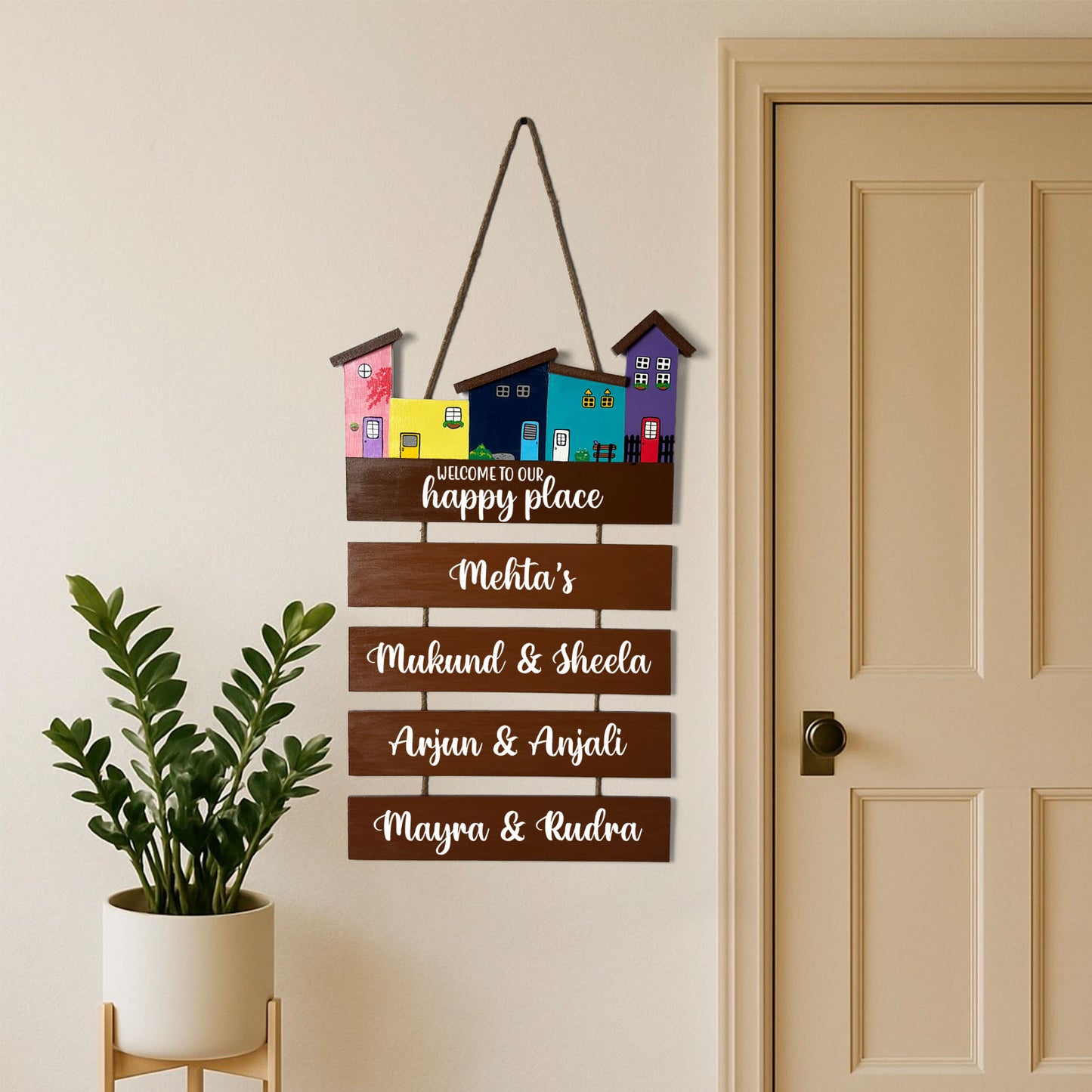 Hut-Shaped Hand-Painted Wooden Name Plate For Home - Hut Board & Four Planks Design 3