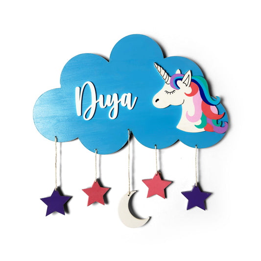 Cloud & Unicorn Themed Hand-Painted Wooden Kids Name Plate
