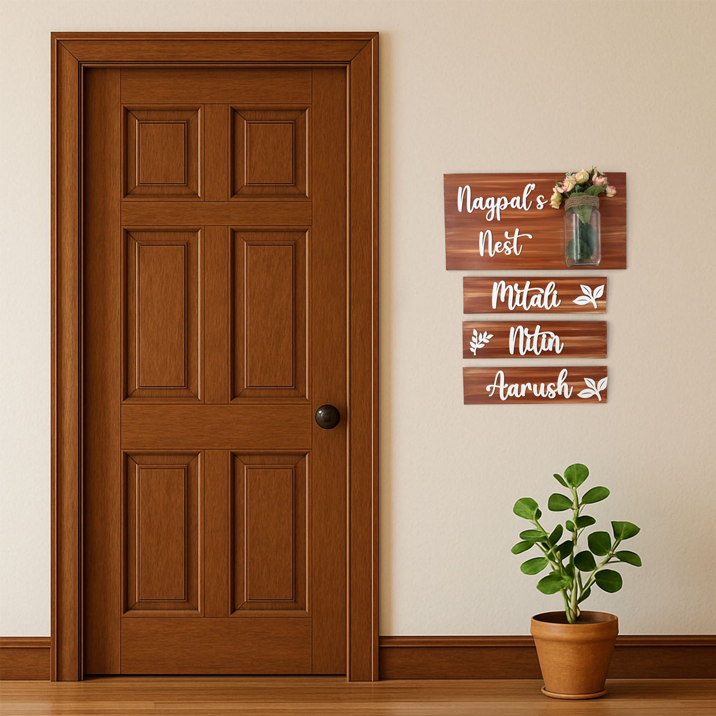 Hand-Painted Wooden Name Plate With Jar For Home - Jar Board & Three Planks