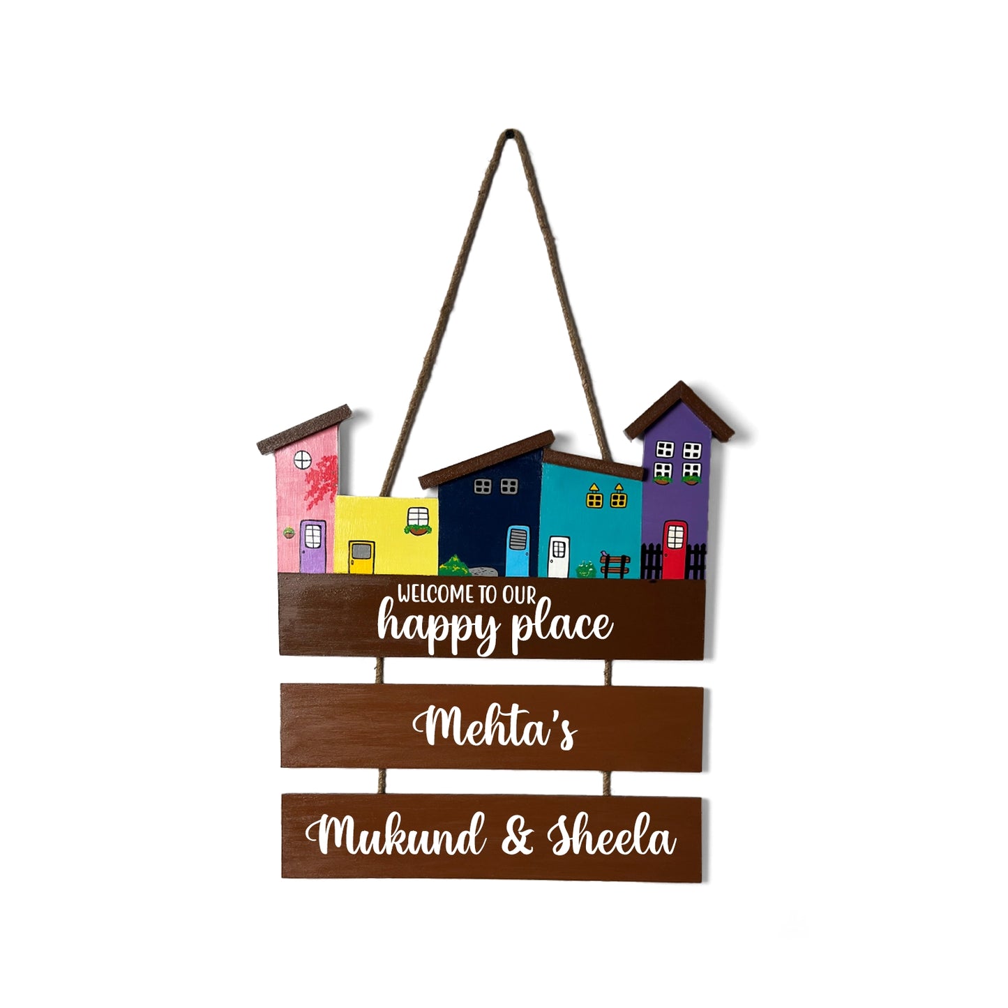 Hut-Shaped Hand-Painted Wooden Name Plate For Home - Hut Board & Two Planks Design 3