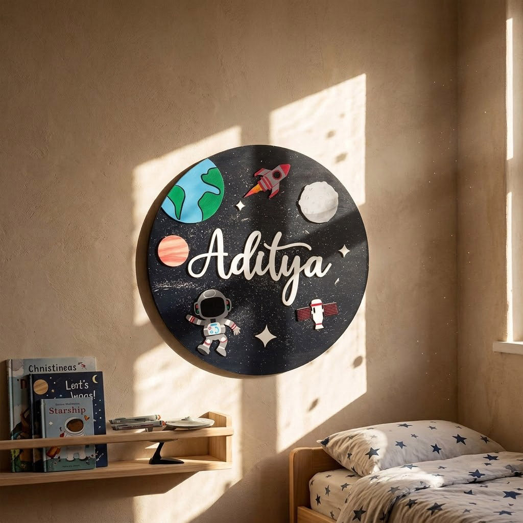 Space Themed Hand-Painted Wooden Round Kids Name Plate - Design 1
