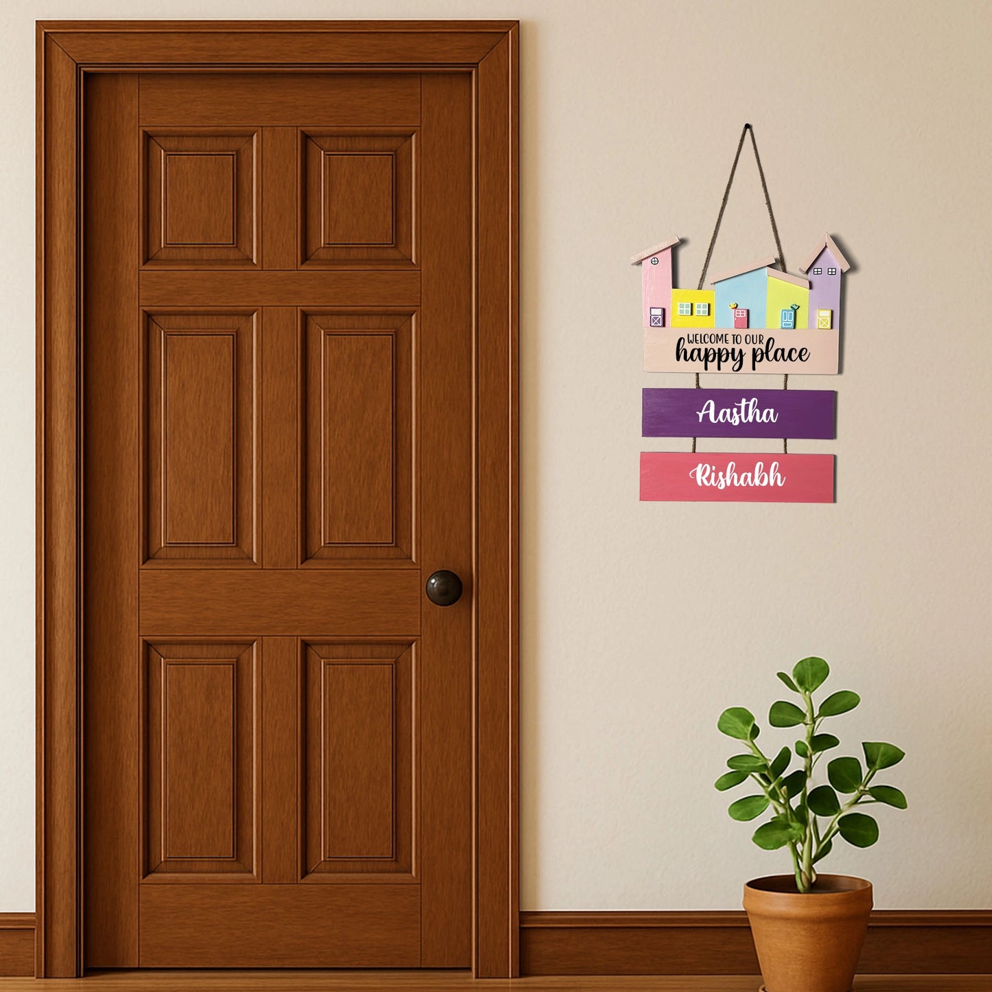 Hut-Shaped Hand-Painted Wooden Name Plate For Home - Hut Board & Two Planks Design 2