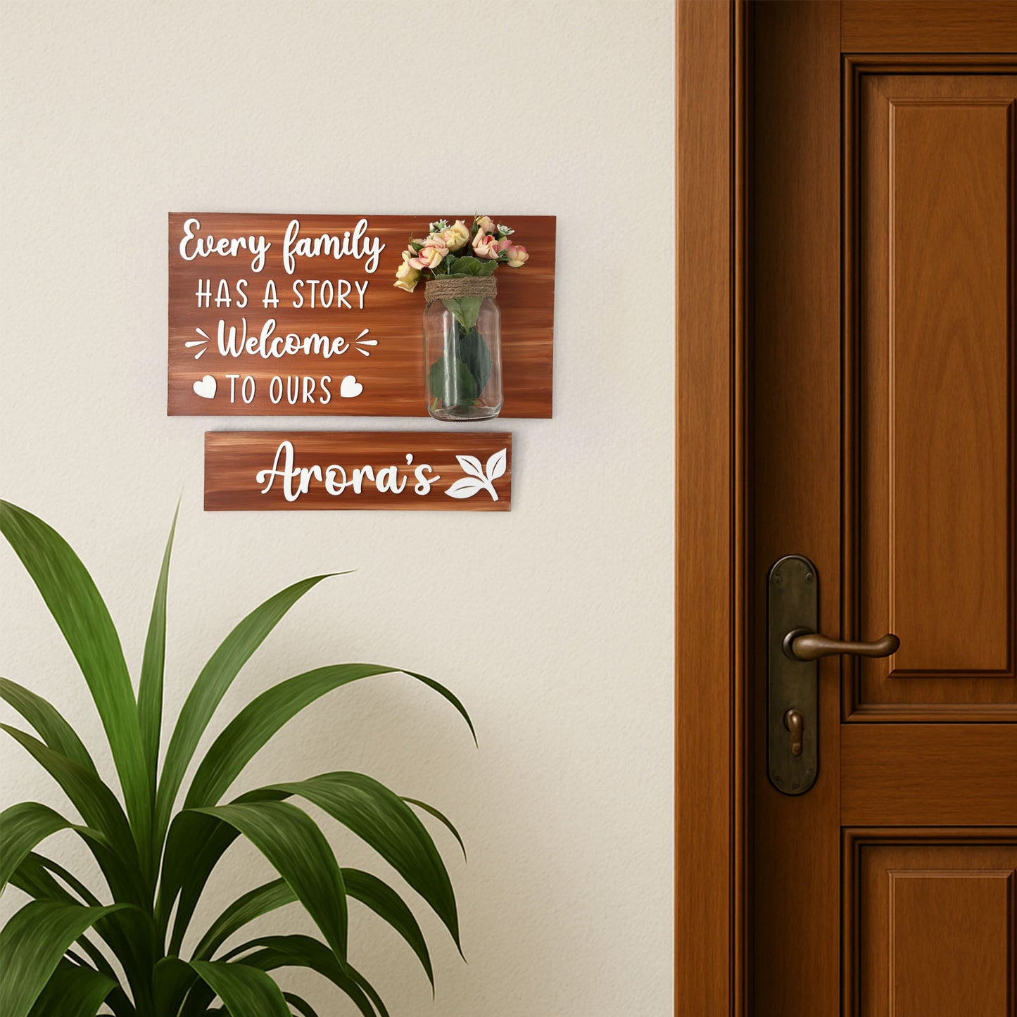 Every Family Has A Story Welcome To Ours Hand-Painted Wooden Name Plate With Jar For Home - Jar Board & One Plank