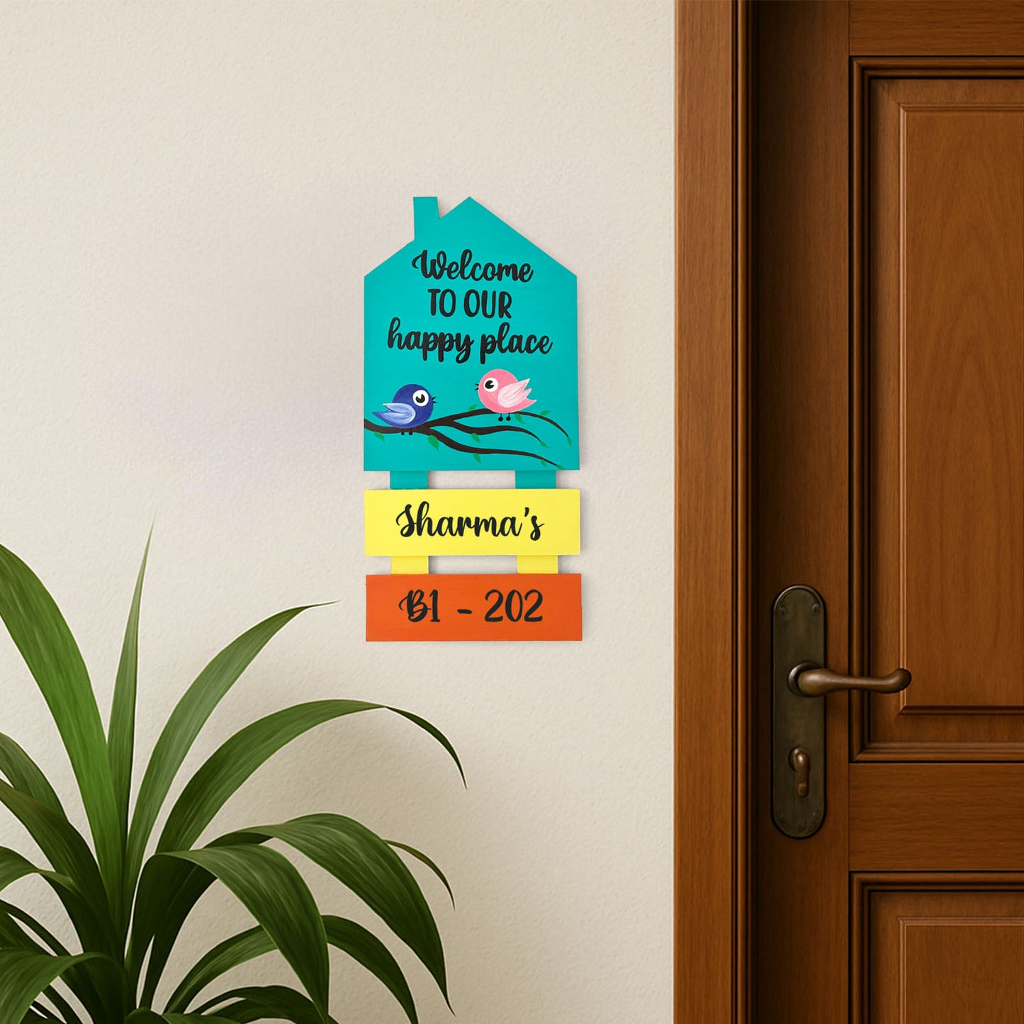 Birds Themed Hut-Shaped Hand-Painted Wooden Name Plate For Home - Hut & Two Planks