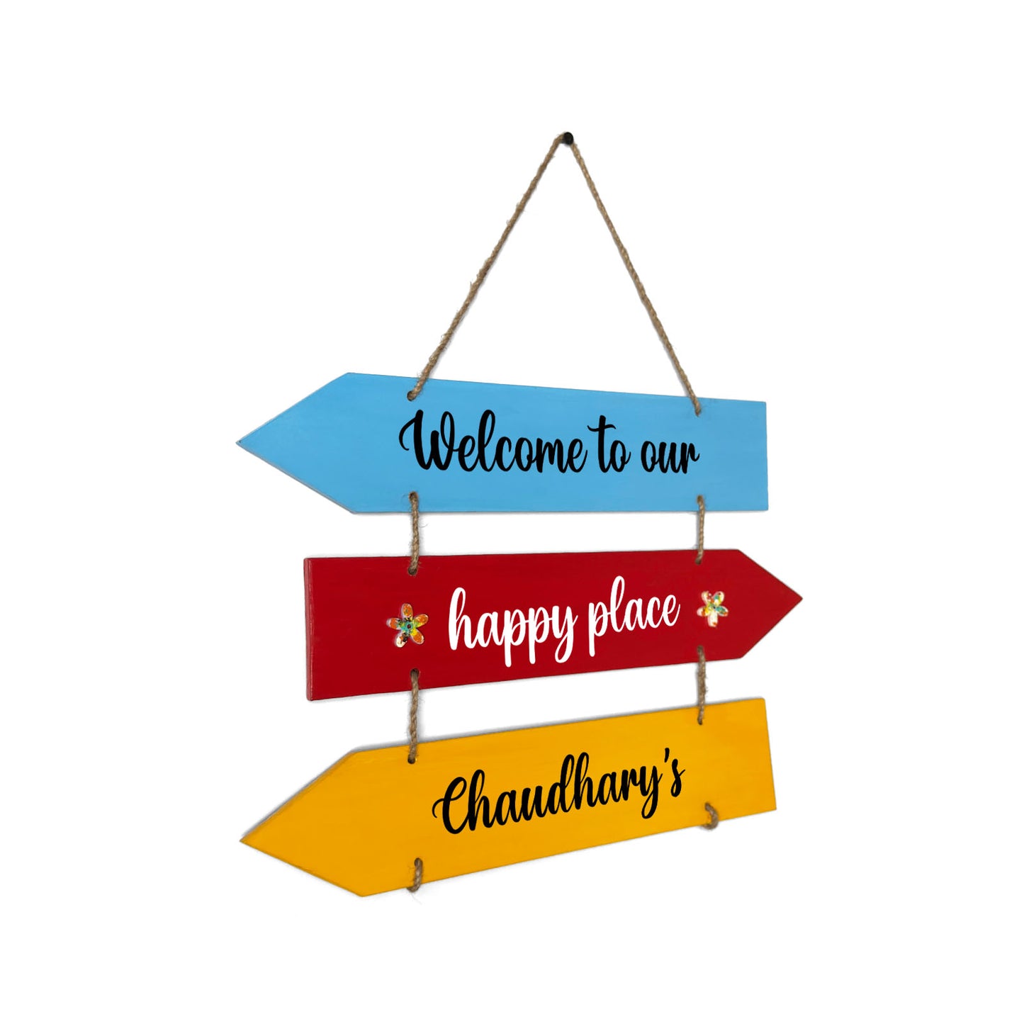 Welcome To Our Happy Place Hand-Painted Wooden Arrow Plank Name Plate For Home - Three Planks