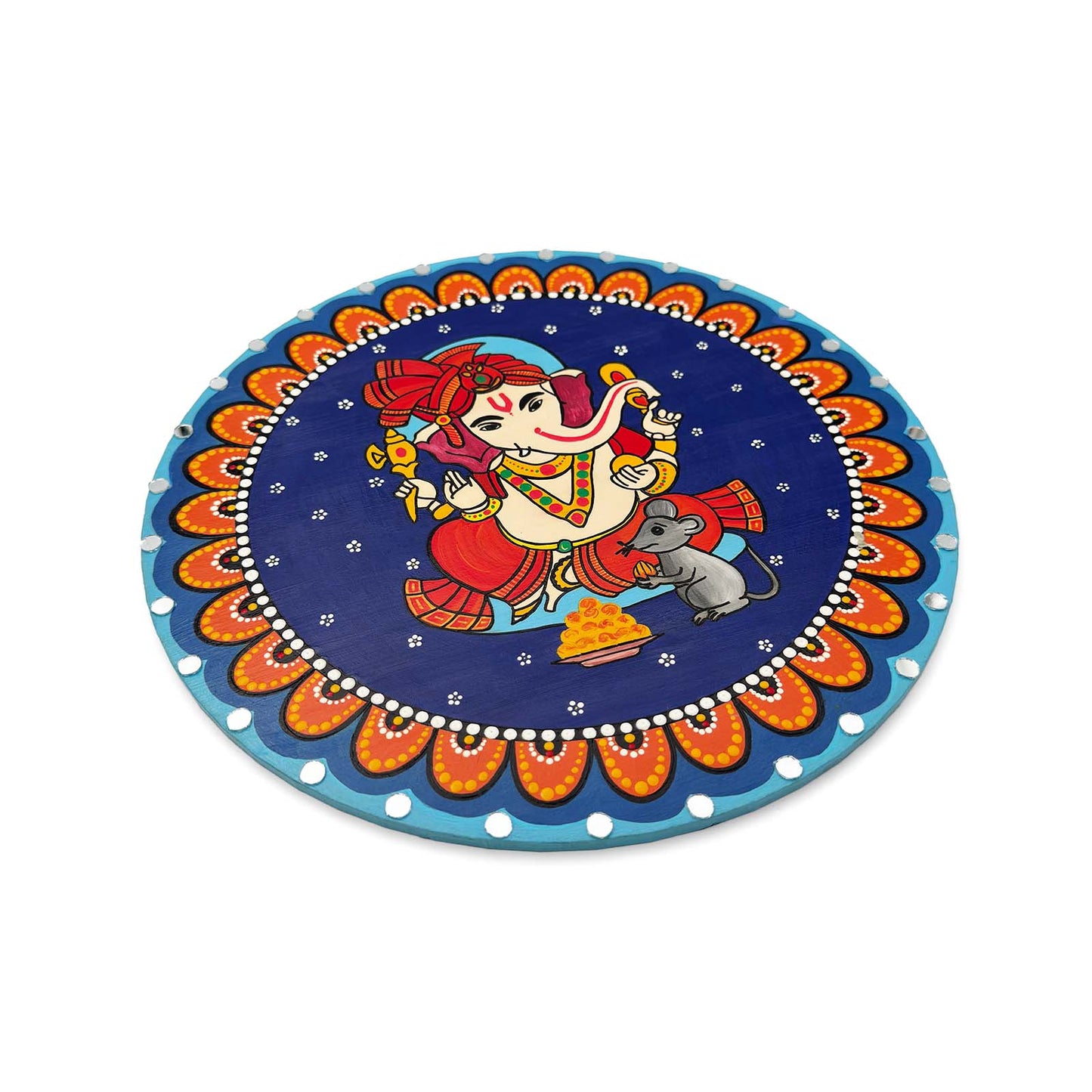Ganesha Hand-Painted Wooden Mandala Wall Hanging  - Blue