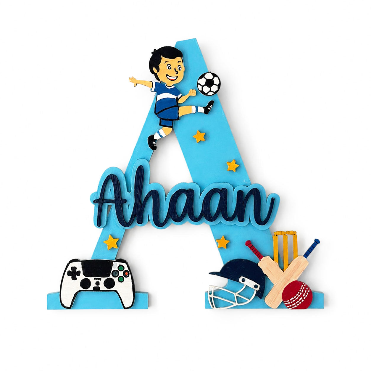 Sports Themed Layered Alphabet Initial Hand-Painted Wooden Kids Name Plate - Design 1