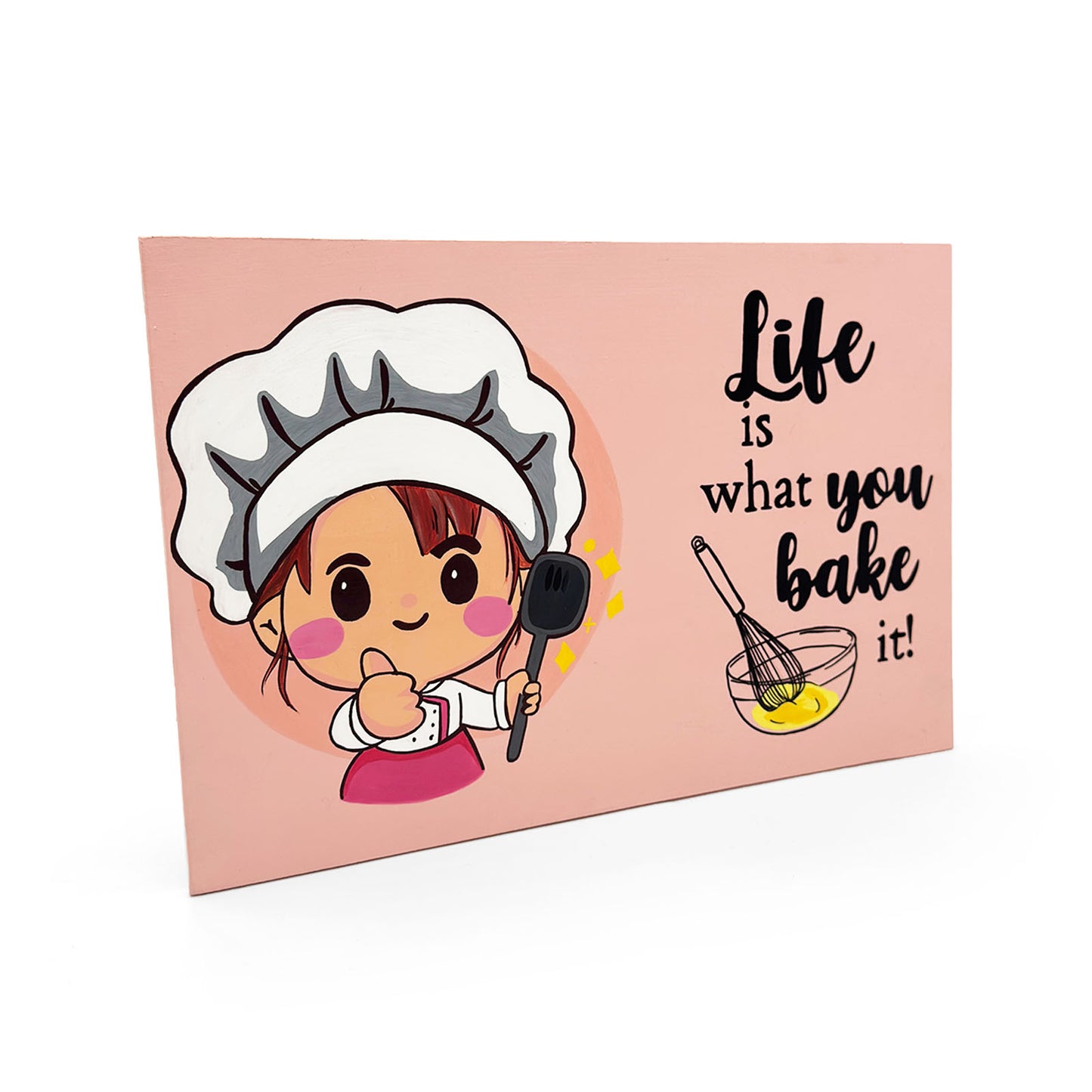Life Is What You Bake It Hand-Painted Wooden Kitchen Wall Hanging - Pink
