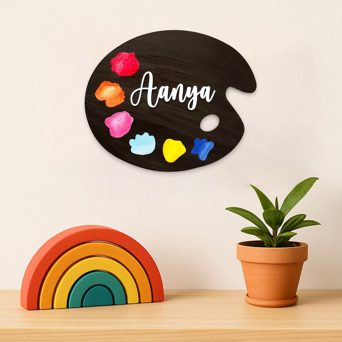 Painting Themed Hand-Painted Wooden Kids Name Plate