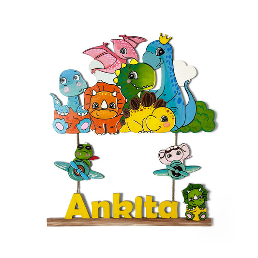 Dinosaur Themed Hand-Painted Wooden Kids Name Plate
