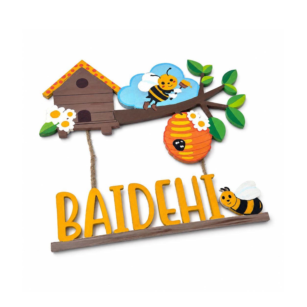 Honey Bee Themed Hand-Painted Wooden Kids Name Plate - Design 1