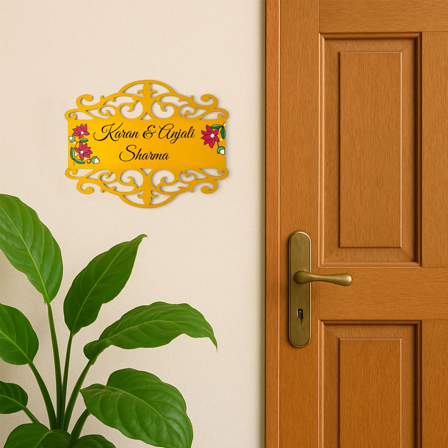 Lotus Artwork Hand-Painted Wooden Madhubani Name Plate For Home