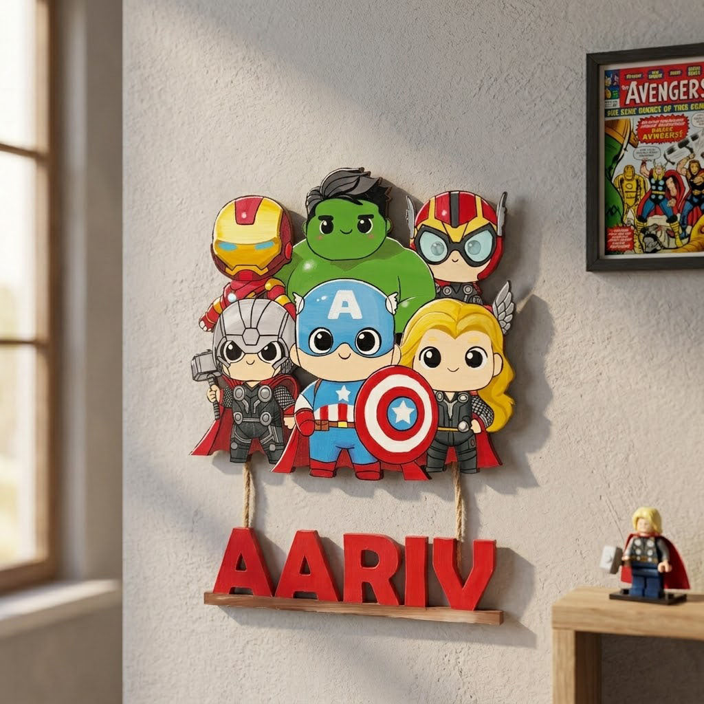 Avengers Themed Hand-Painted Wooden Kids Name Plate - Design 1