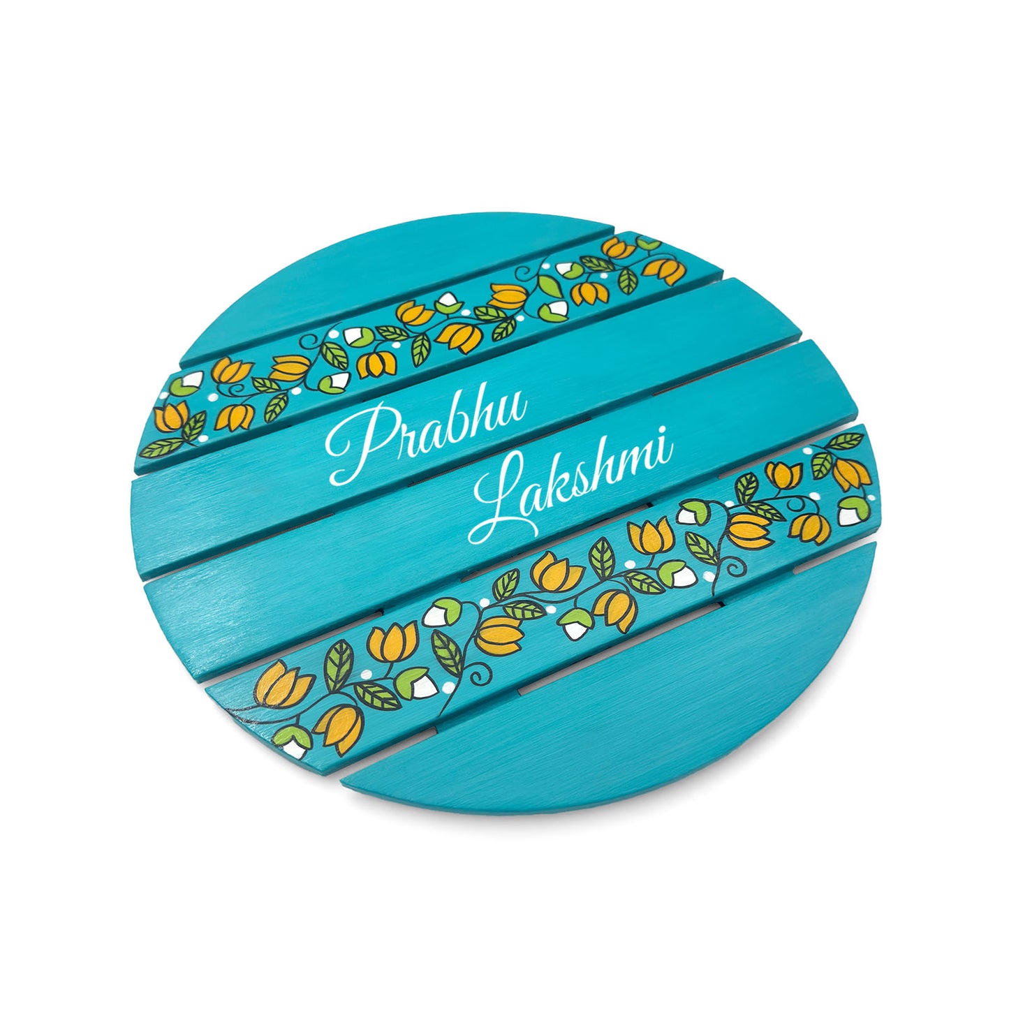 Lotus Creeper Artwork Hand-Painted Wooden Madhubani Round Name Plate For Home