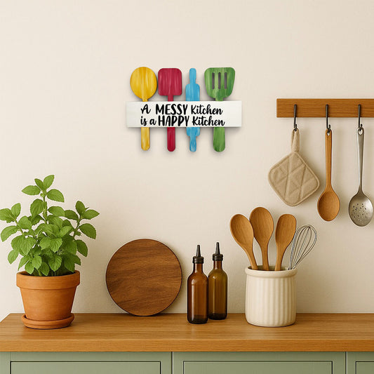 A Messy Kitchen Is A Happy Kitchen Hand-Painted Wooden Utensil Board Kitchen Wall Hanging - Multicolor