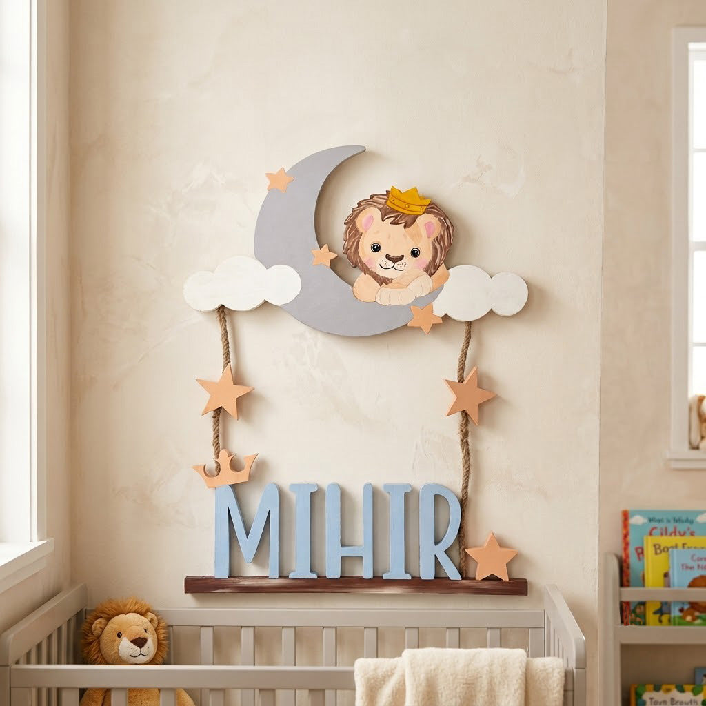 Lion Themed Hand-Painted Wooden Kids Name Plate - Design 1