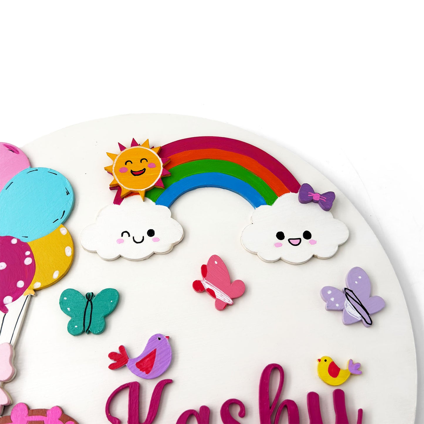 Girl With Balloons Themed Hand-Painted Wooden Round Kids Name Plate