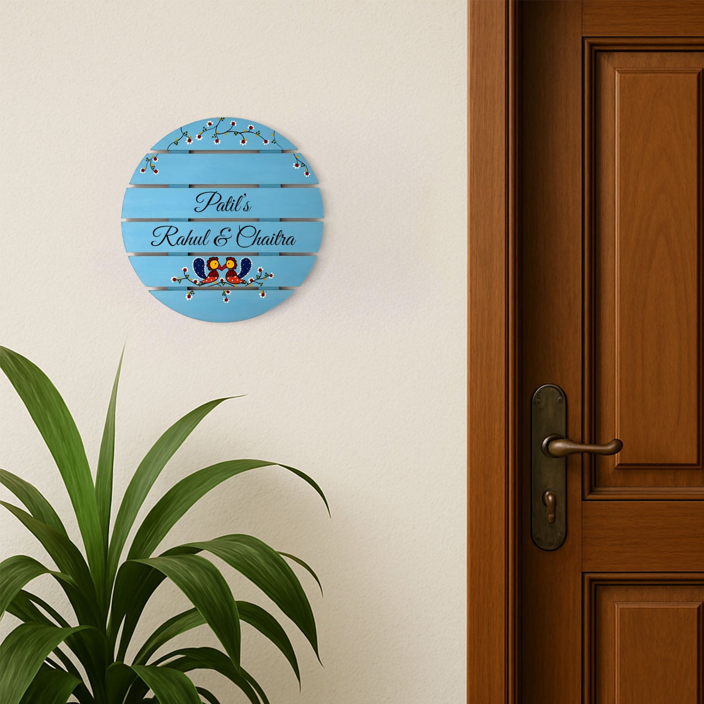 Peacock Artwork Hand-Painted Wooden Madhubani Round Name Plate For Home