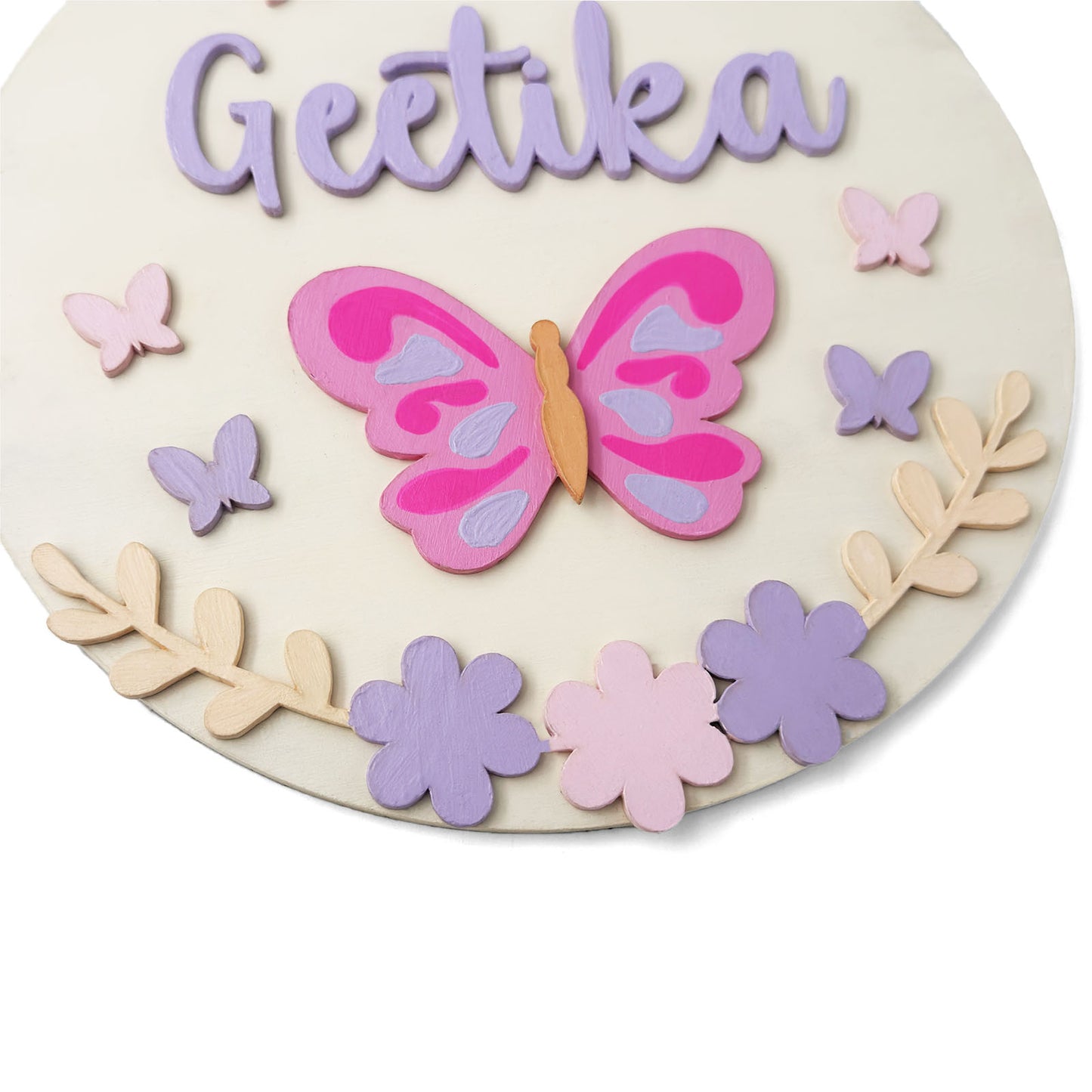 Butterfly & Flower Themed Hand-Painted Wooden Round Kids Name Plate - Design 2