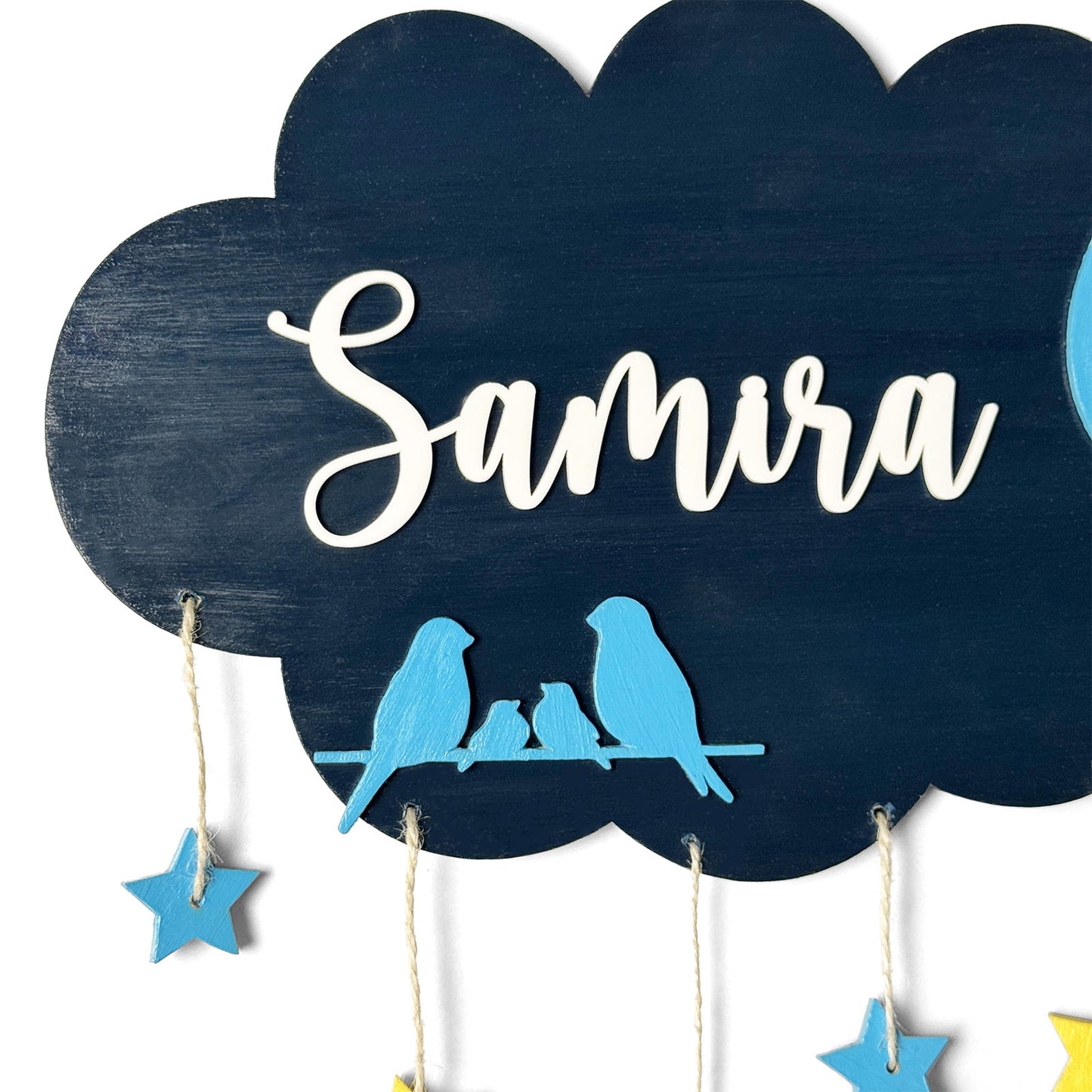 Cloud & Bird Themed Hand-Painted Wooden Kids Name Plate