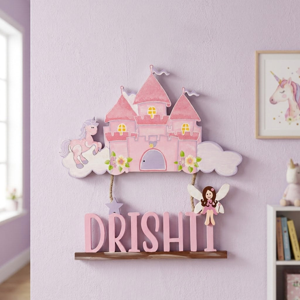 Princess Castle Themed  Hand-Painted Wooden Kids Name Plate - Design 1