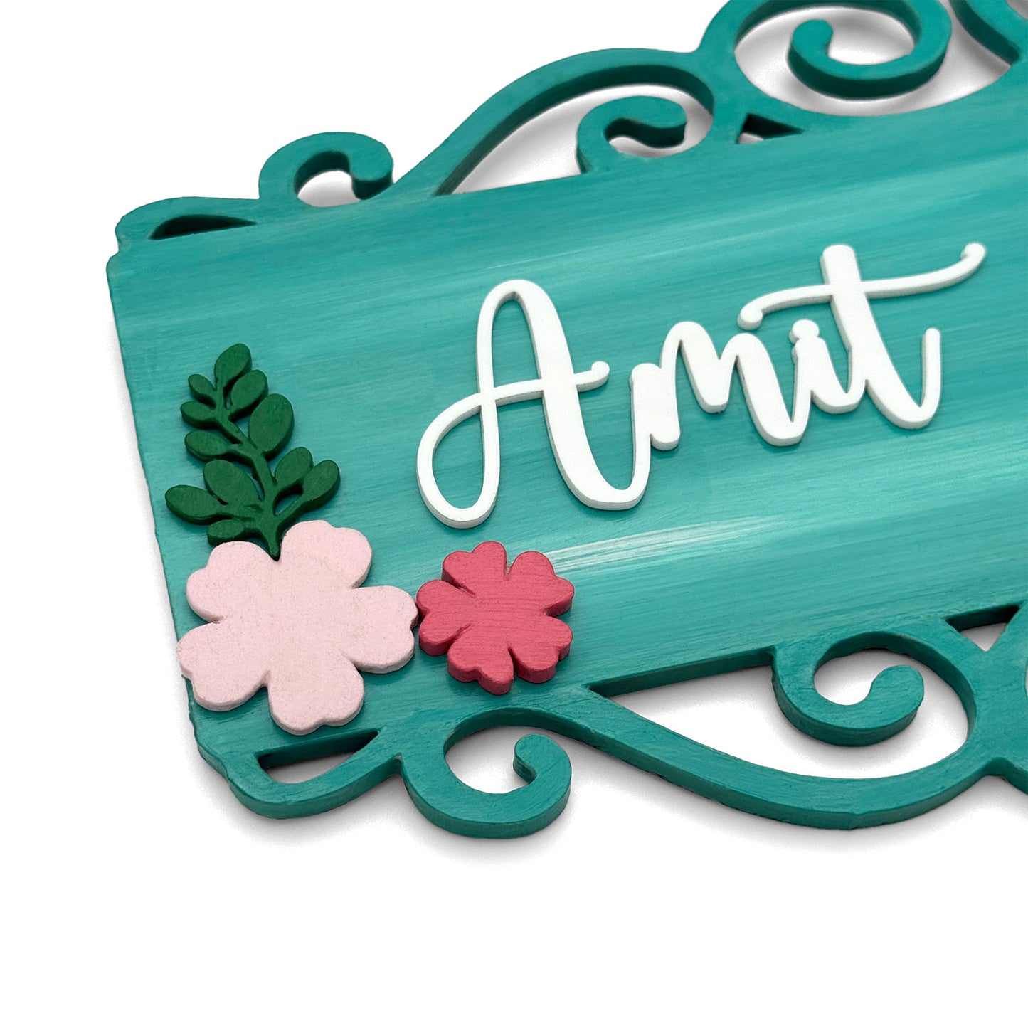 Flower Artwork Hand-Painted Wooden Floral Name Plate For Home