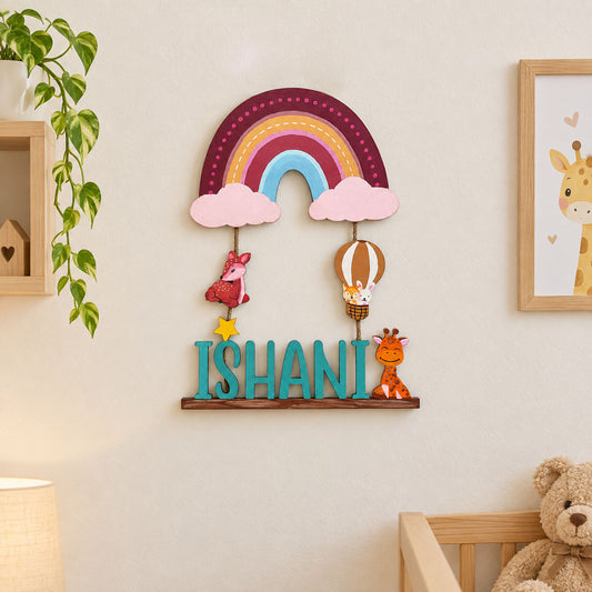 Rainbow & Animals Themed Hand-Painted Wooden Kids Name Plate - Design 1