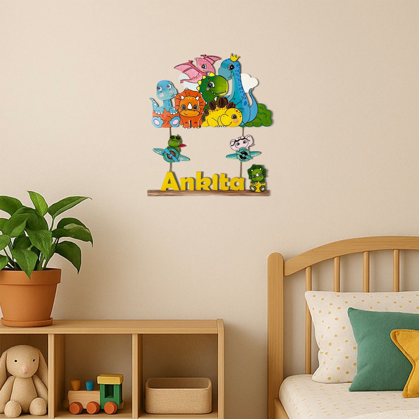 Dinosaur Themed Hand-Painted Wooden Kids Name Plate