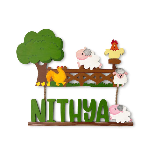 Farm Animals Themed Hand-Painted Wooden Kids Name Plate - Design 1