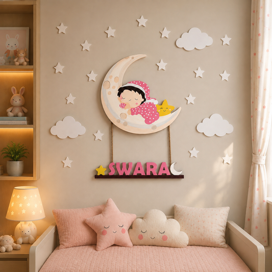 Moon, Stars & Cloud Themed Hand-Painted Wooden Personalised Name Plate Wall Decor