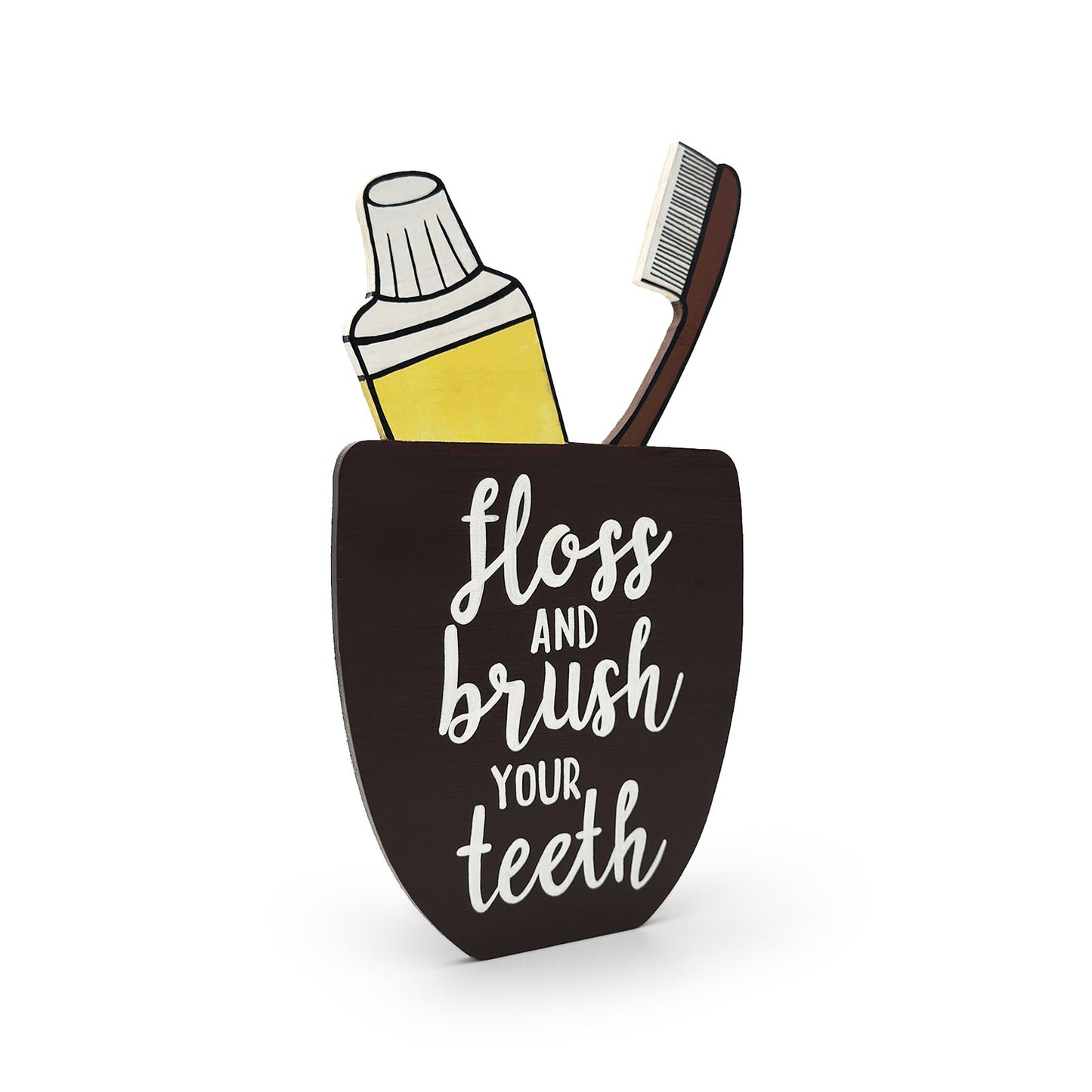 Floss And Brush Your Teeth Hand-Painted Wooden Washroom Hanging