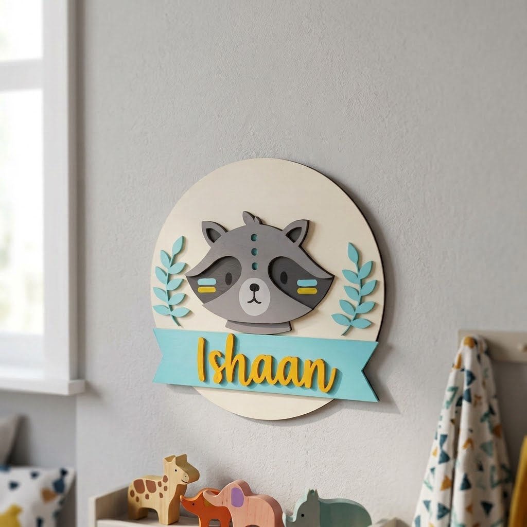 Racoon Themed Hand-Painted Wooden Round Kids Name Plate - Design 1