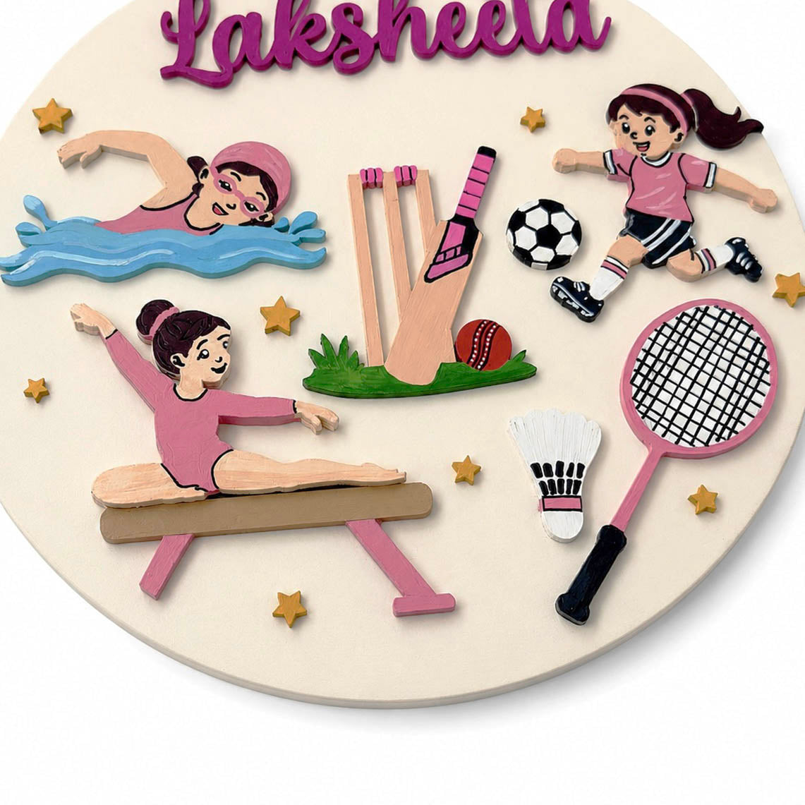 Sports Themed Hand-Painted Wooden Round Kids Name Plate - Design 2