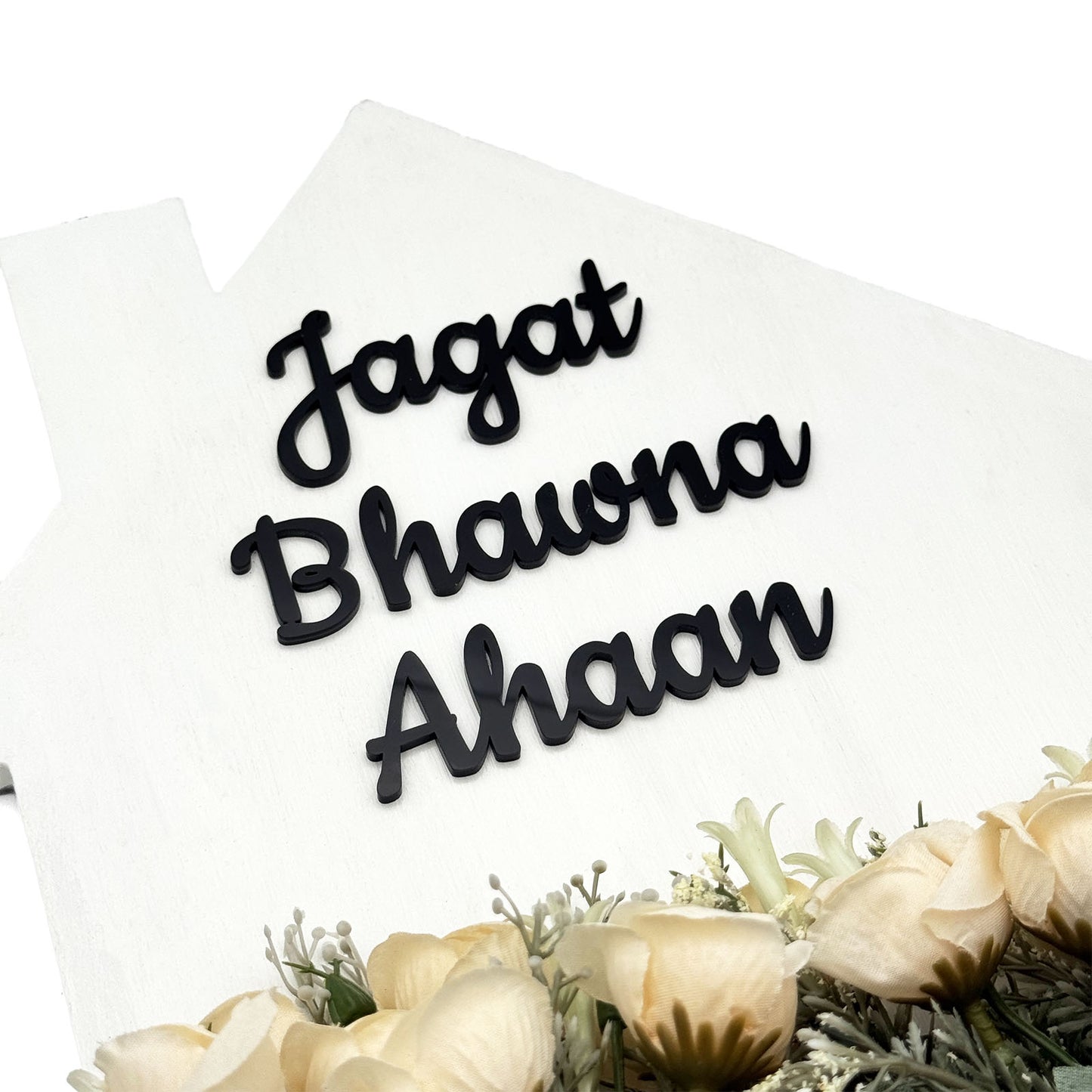 Hut-Shaped Hand-Painted Wooden Planter Name Plate For Home - White & Grey