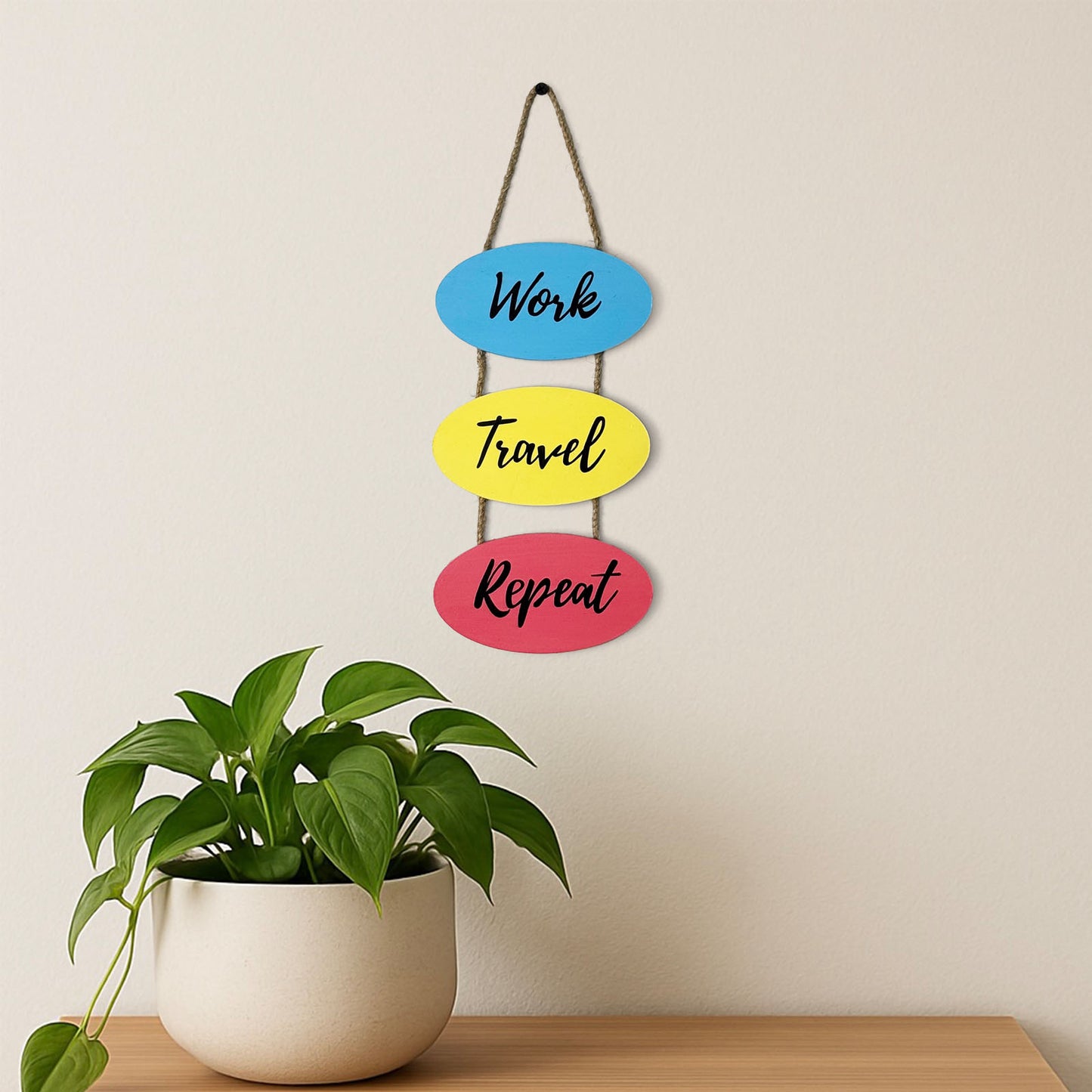 Work Travel Repeat Hand-Painted Wooden Wall Hanging