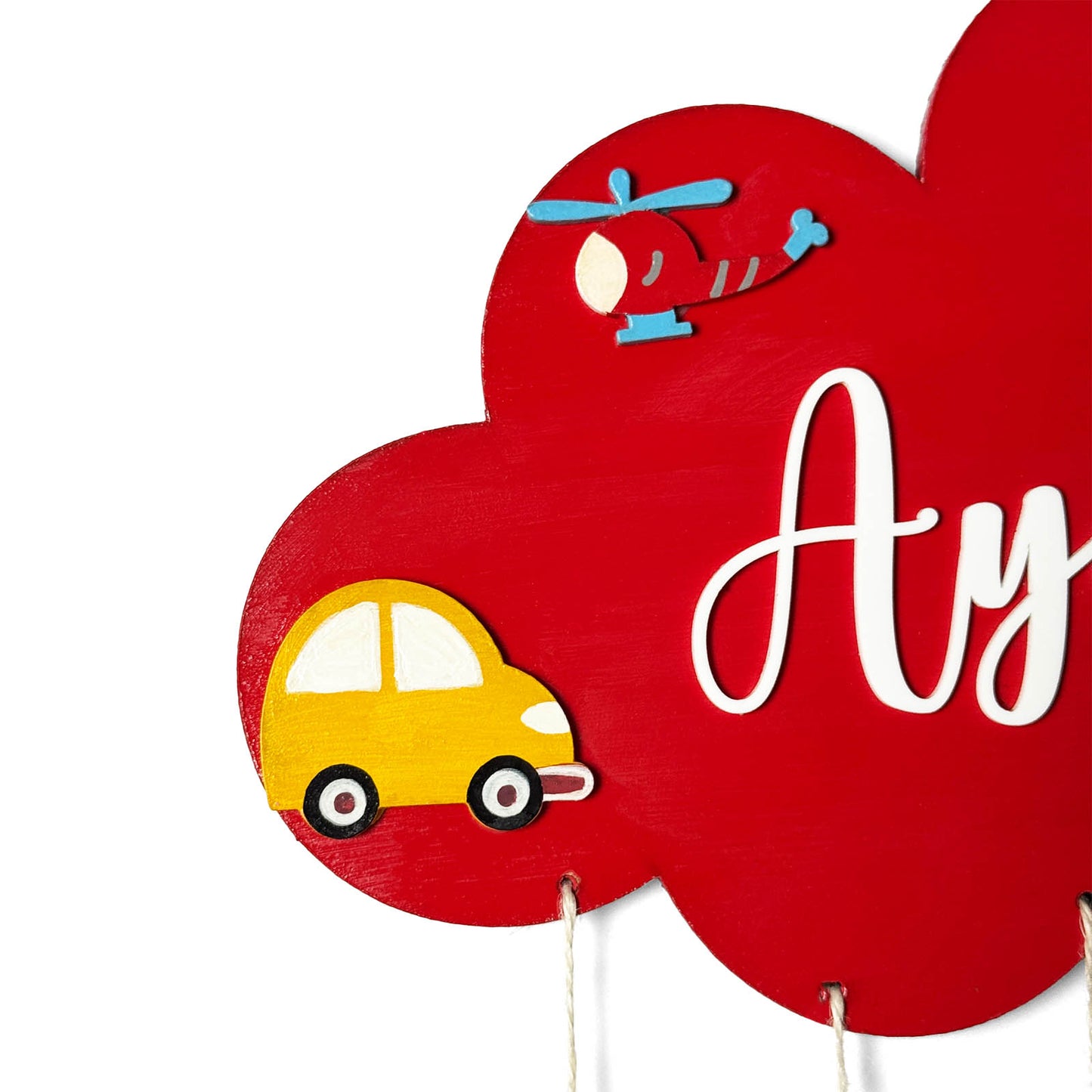 Cloud & Vehicles Themed Hand-Painted Wooden Kids Name Plate