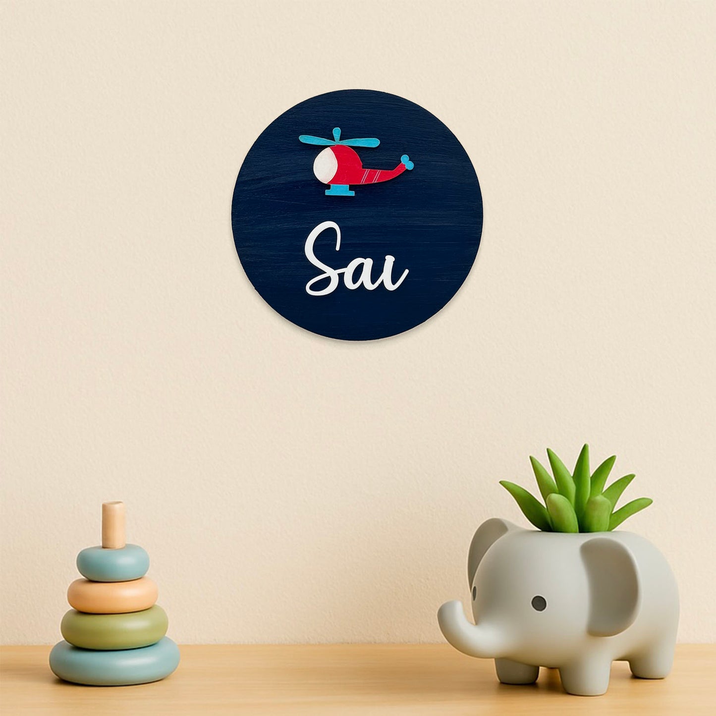 Helicopter Themed Hand-Painted Wooden Mini Kids Name Plate