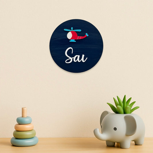 Helicopter Themed Hand-Painted Wooden Mini Kids Name Plate