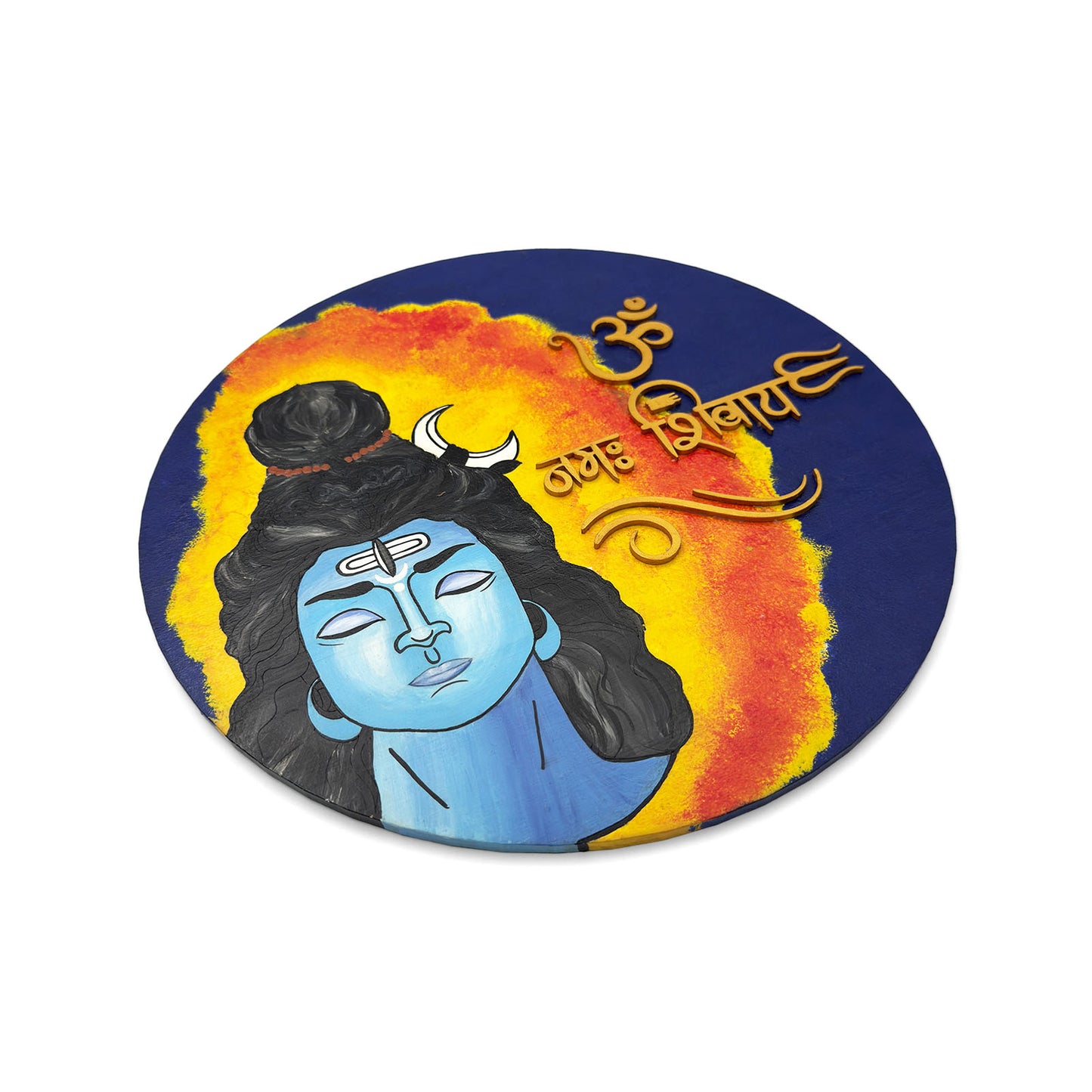 Om Namah Shivaya Hand-Painted Wooden Round Wall Hanging With Shiv Ji Image - Blue