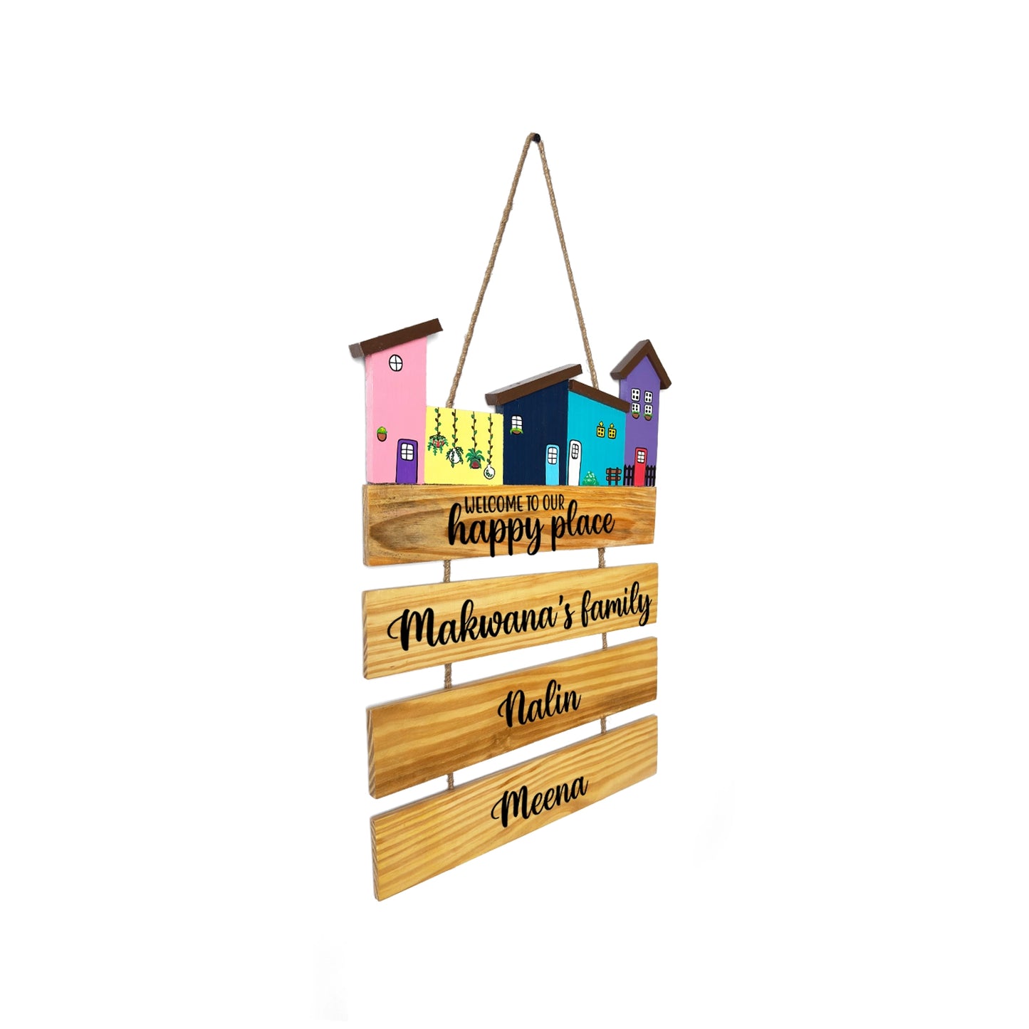 Hut-Shaped Hand-Painted Wooden Name Plate For Home - Hut Board & Three Planks Design 5