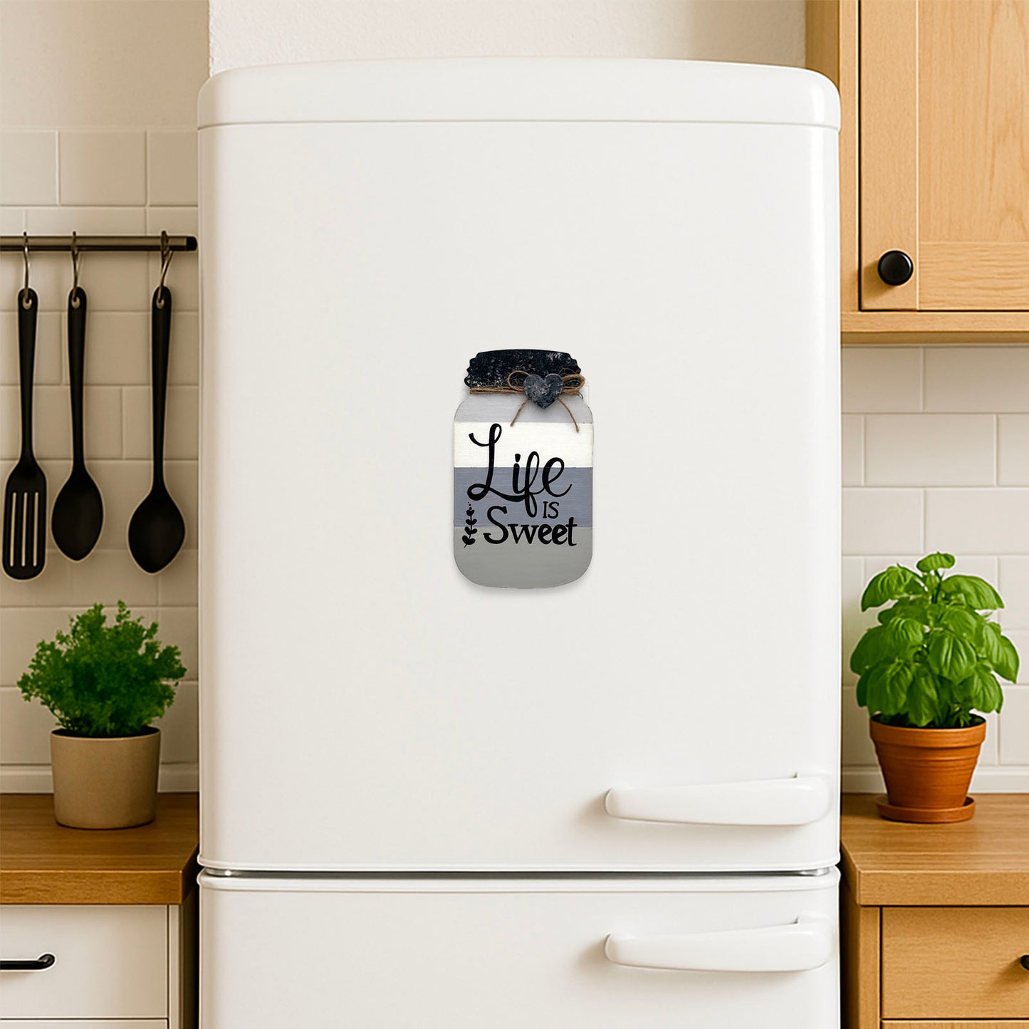 Life Is Sweet Hand-Painted Wooden Mason Jar Fridge Magnet - Grey
