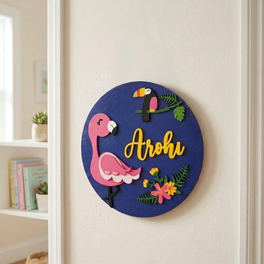 Flamingo Themed Hand-Painted Wooden Kids Name Plate