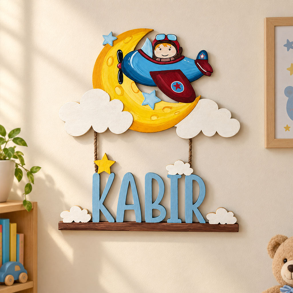 Airplane Pilot Themed Hand-Painted Wooden Kids Name Plate - Design 4