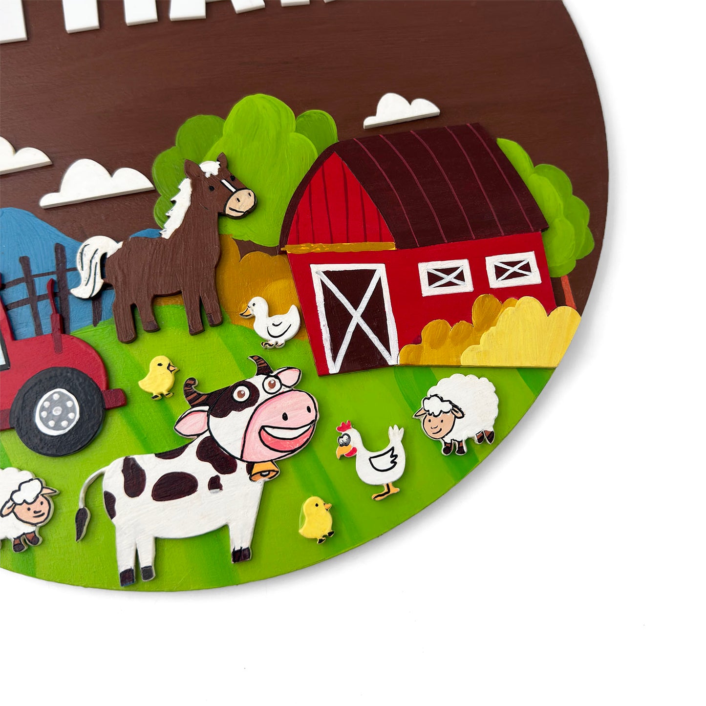 Farm Animals Themed Hand-Painted Wooden Round Kids Name Plate - Design 1