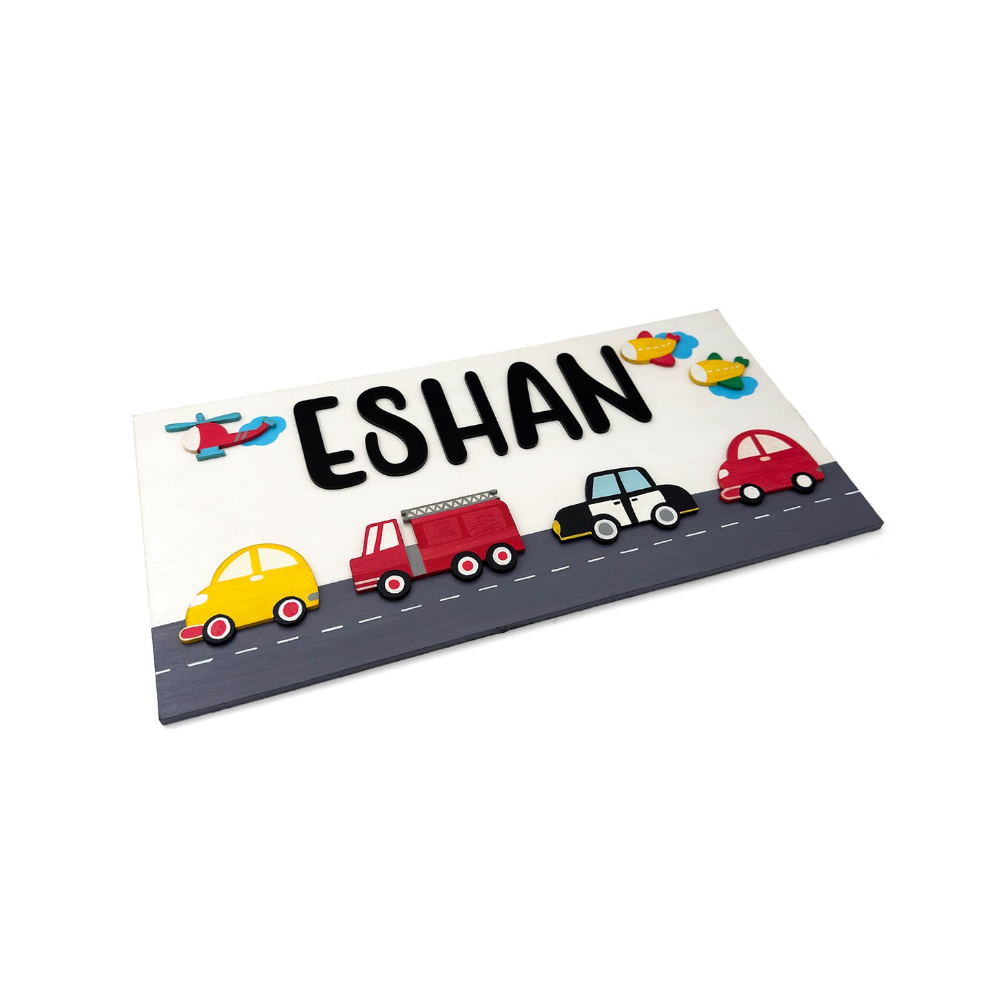 Vehicles Themed Hand-Painted Wooden Kids Name Plate - White