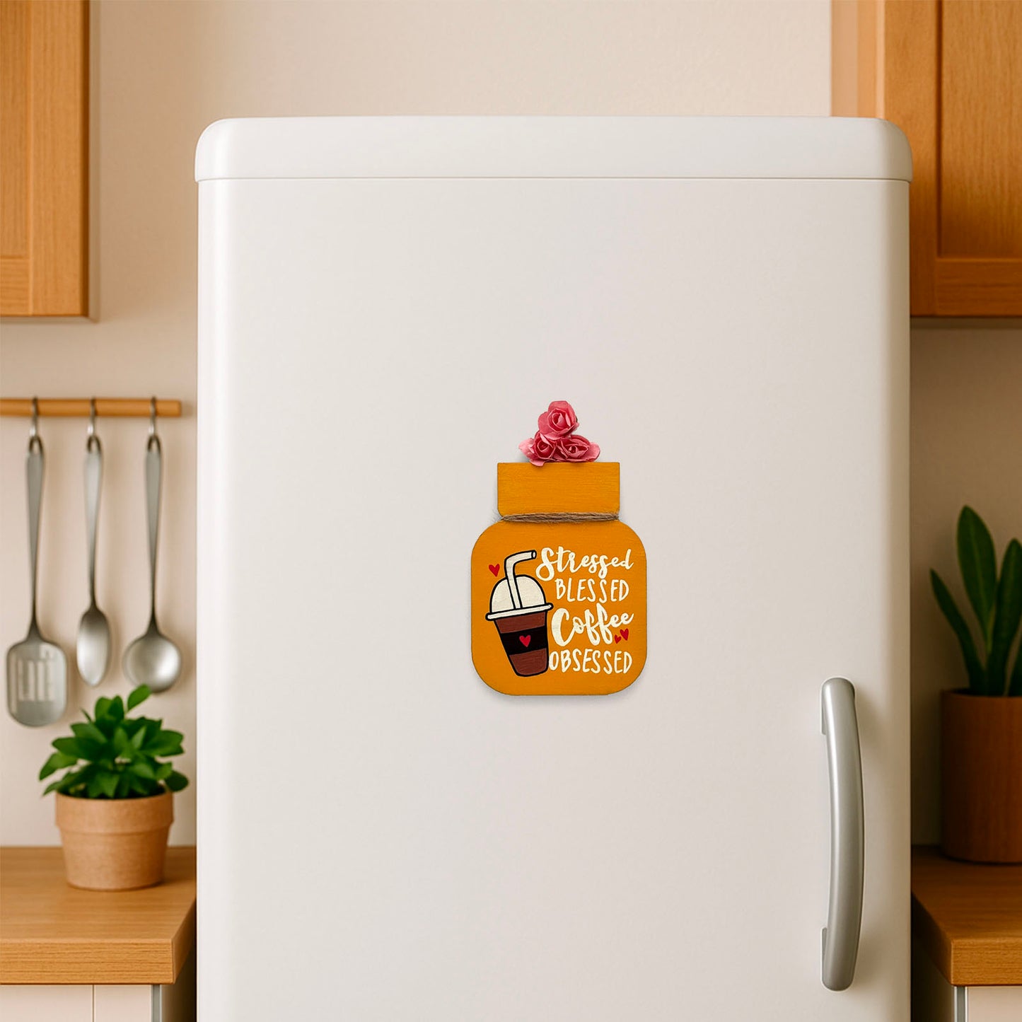 Stressed Blessed Coffee Obsessed Hand-Painted Wooden Mason Jar Fridge Magnet - Yellow