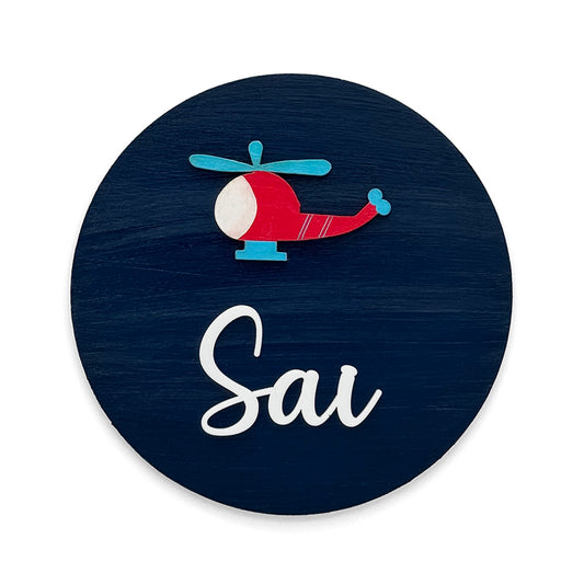 Helicopter Themed Hand-Painted Wooden Mini Kids Name Plate