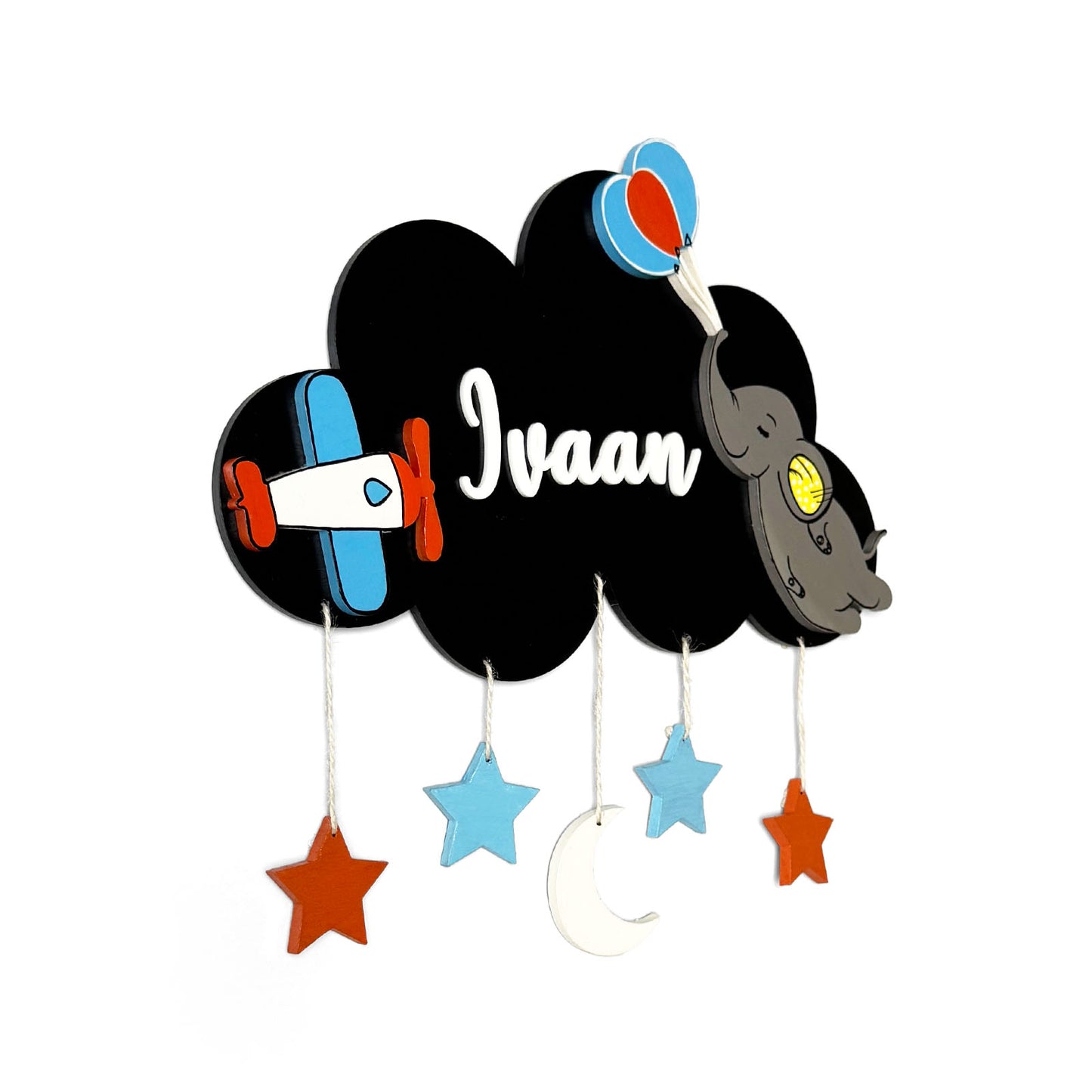 Cloud & Elephant Themed Hand-Painted Wooden Kids Name Plate